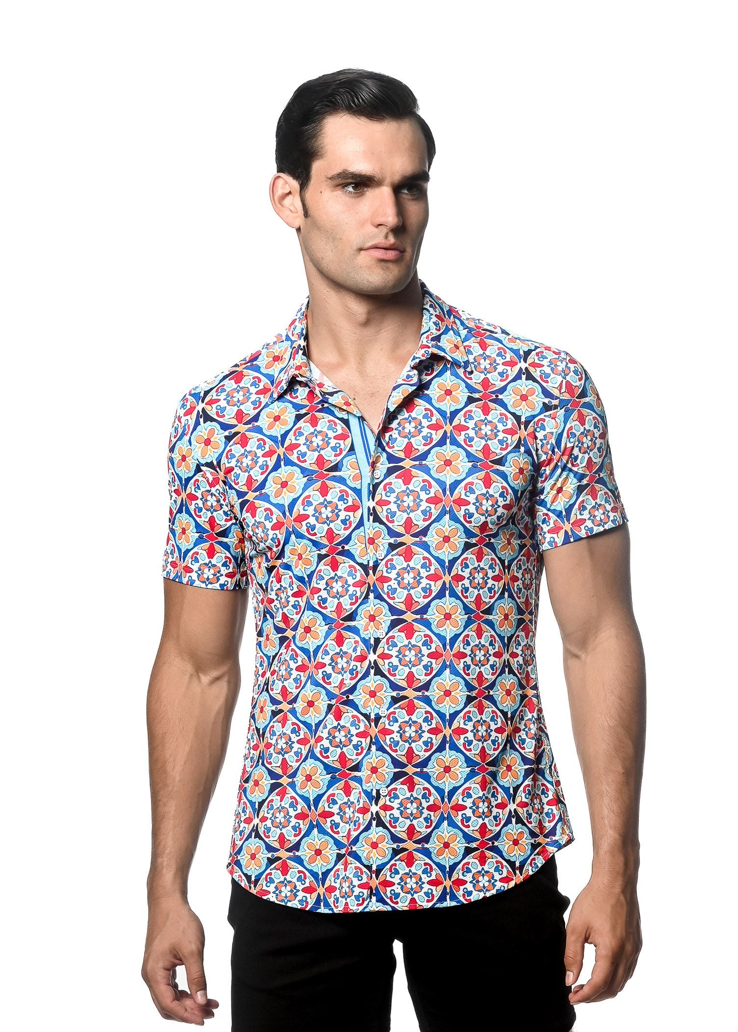 TILE PRINTED PERFORMANCE S/S SHIRT W/ CONTRAST PLACKET