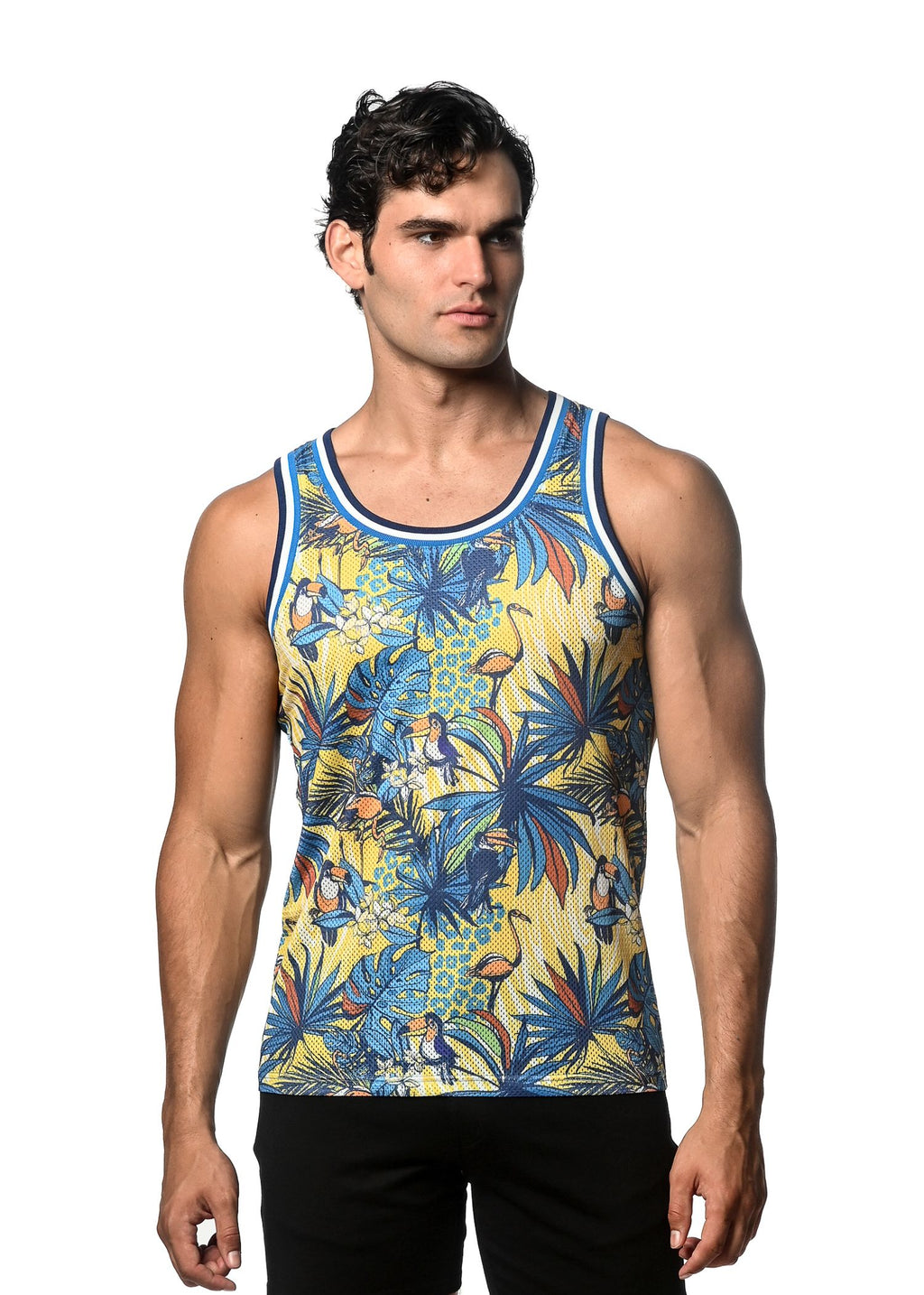 JUNGLE PRINTED MESH TANK W/ STRIPE RIBBING