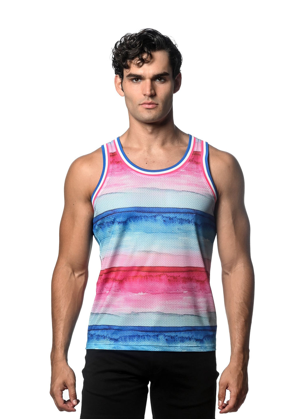 WATERCOLOR STRIPE PRINTED MESH TANK W/ STRIPE RIBBING