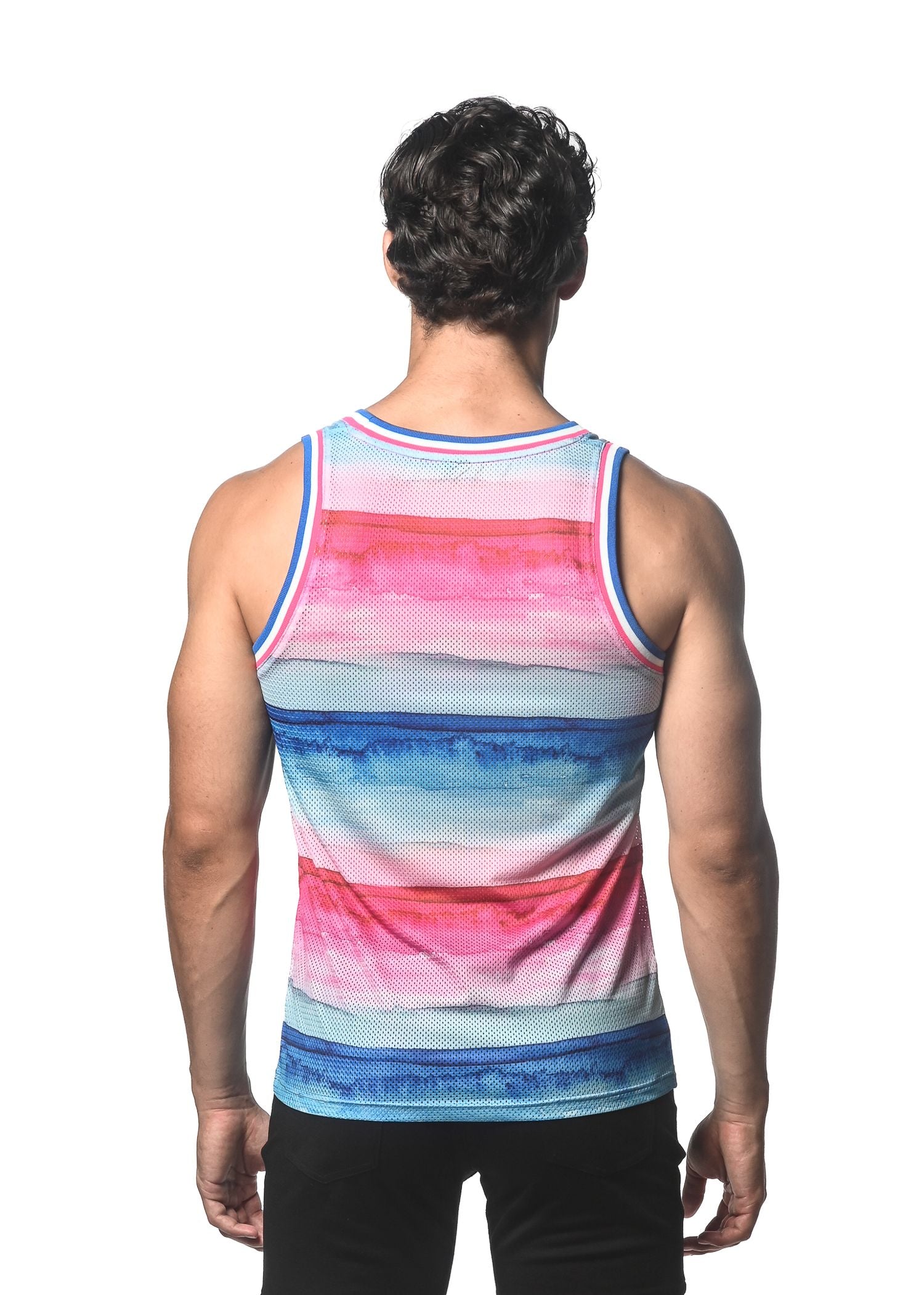 WATERCOLOR STRIPE PRINTED MESH TANK W/ STRIPE RIBBING