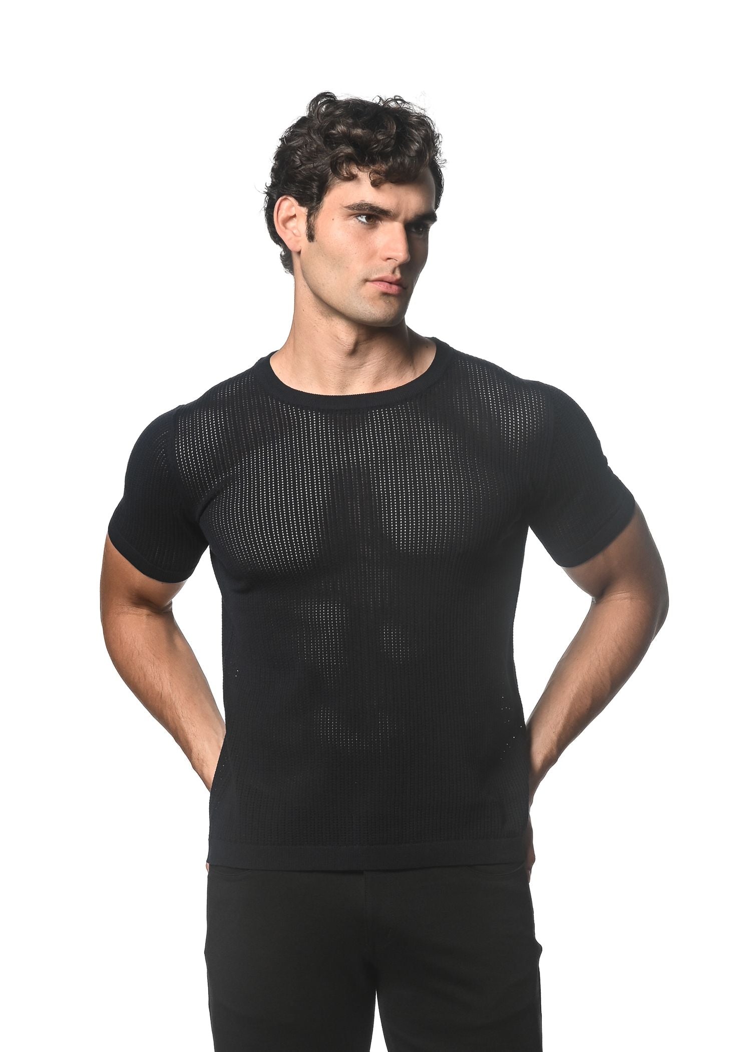 TEXTURED OPEN MESH KNITTED CREW TEE