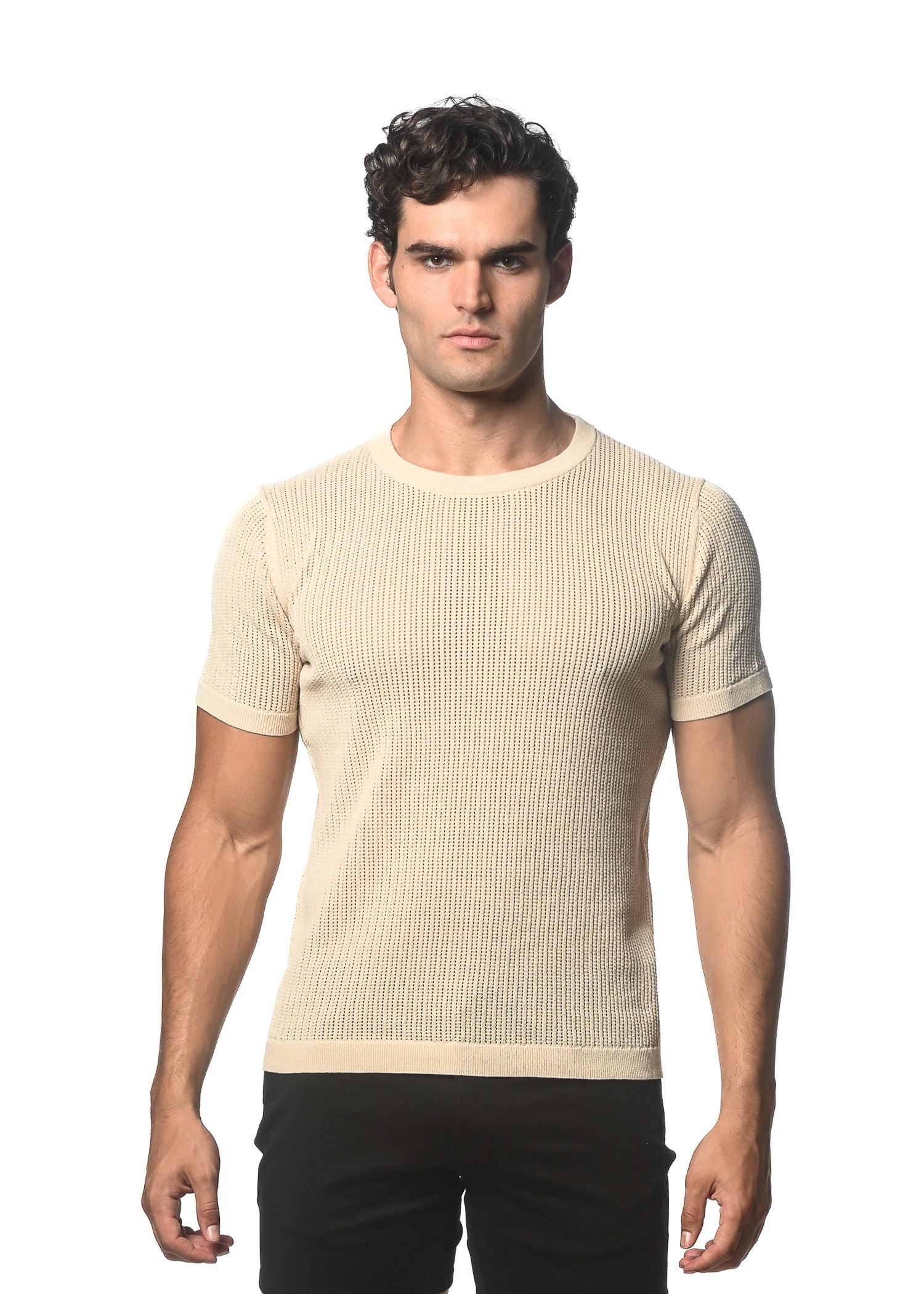 TEXTURED OPEN MESH KNITTED CREW TEE