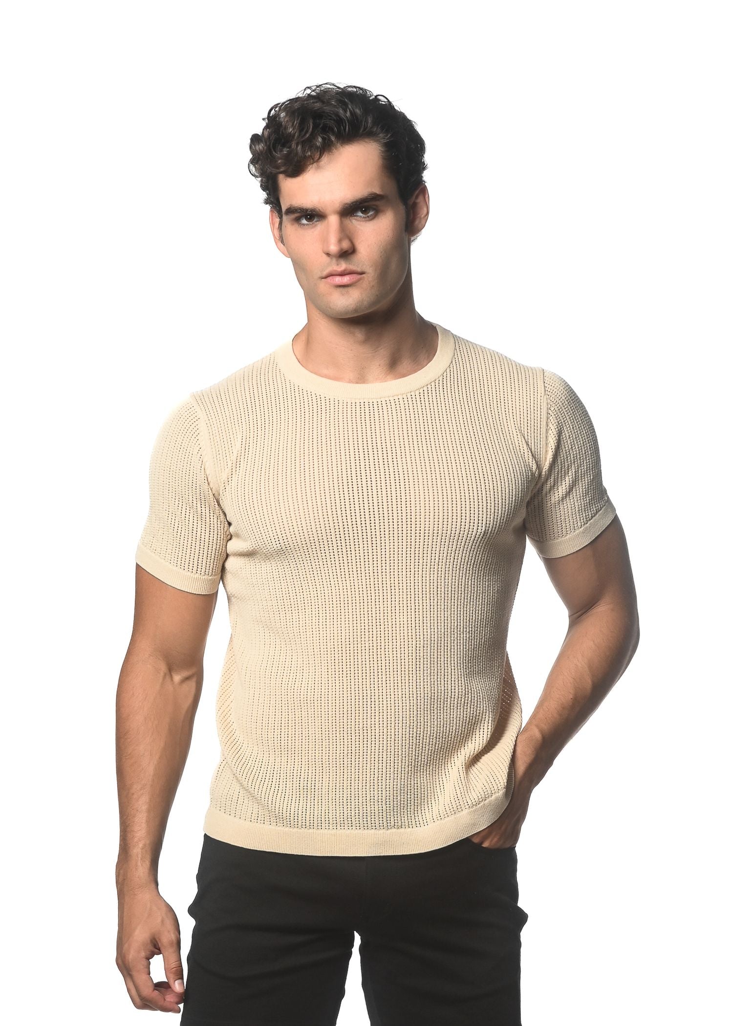 TEXTURED OPEN MESH KNITTED CREW TEE