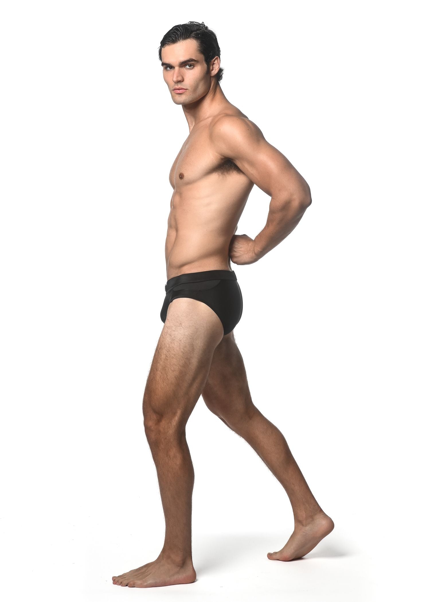 FRONT BUCKLE AND SIDE MESH PANEL SWIM BRIEFS