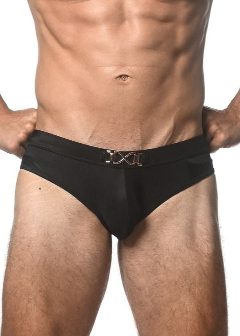 FRONT BUCKLE AND SIDE MESH PANEL SWIM BRIEFS