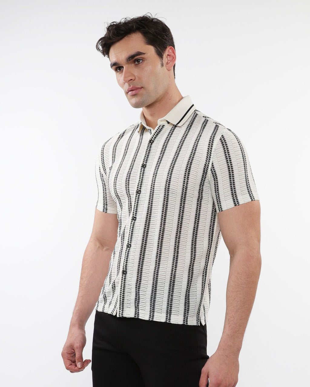 STRIPE GOSSAMER STRETCH S/S SHIRT W/ RIB COLLAR